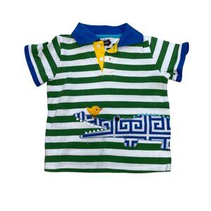 Mudpie‎ Striped Polo Shirt Boys Size 3T Alligator Applique Pique Cotton Green